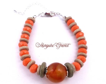 Boho chic sand orange bracelet in ceramic silver and Boho glass