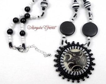 Designer necklace embroidered ethnic tribal black and white, silver, gemstones, vegetable ivory,