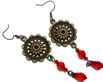 Retro boho flower drop earrings Swarovski crystal red brass bronze