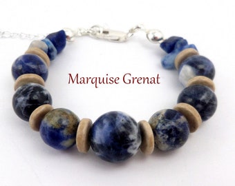 Bracelet bleu et sable en argent, sodalite pierre de gemme et céramique, bohème chic