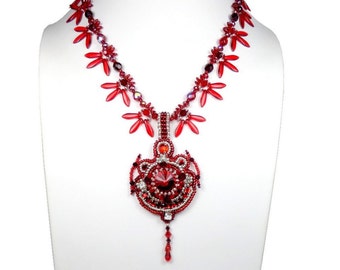 Silver red designer embroidered pendant necklace boho chic style