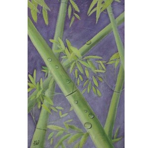 Tableau contemporain zen peinture acrylique Bambou vert anis fond violet métallisé image 1