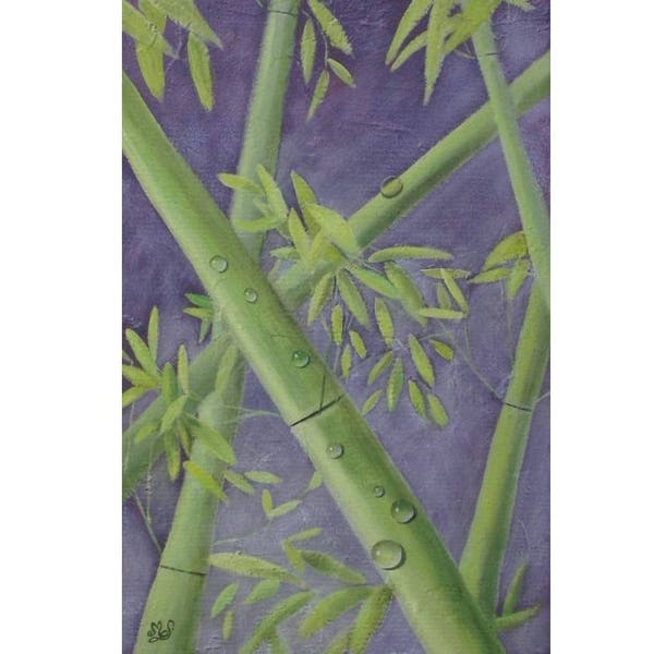 Tableau contemporain zen peinture acrylique Bambou vert anis fond violet métallisé