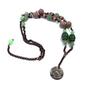 Collier rétro boho cuivre vert rose pierres fines jade rhodonite aventurine laiton image 1