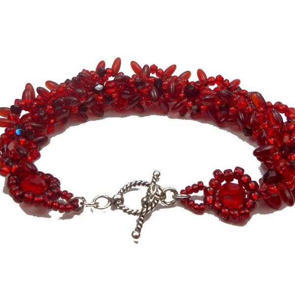 Bracelet créateur tissé de perles en verre et cristal Swarovski, rouge, baroque, fermoir en argent