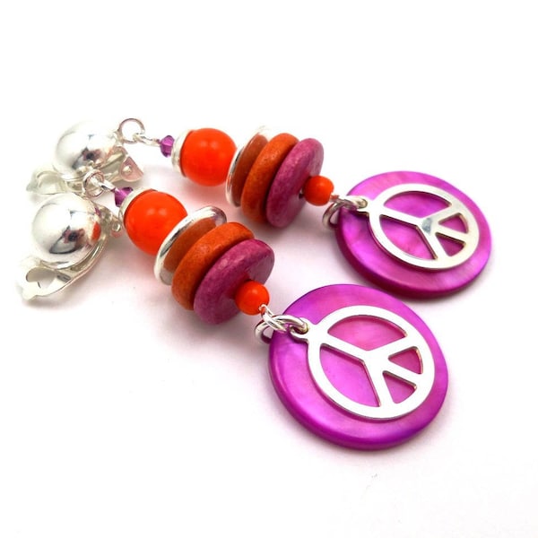 Boucles d'oreilles à clips argent 925 orange fuchsia hippie chic peace and love