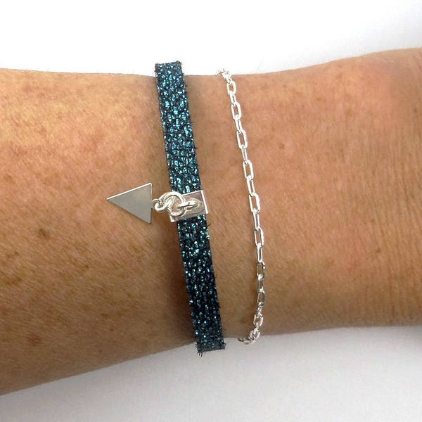 Bracelet double rang argent et cuir turquoise noir breloque triangle