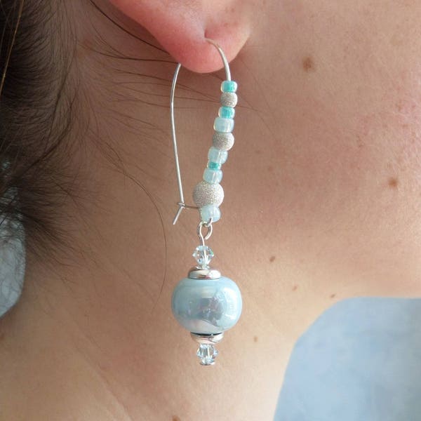 Boucles d'oreilles en argent bleu clair perles en céramique cristal Swarovski modernes chics