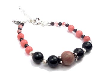 Silver bracelet with garnet and pink gemstones boho chic