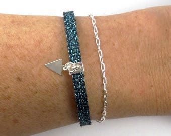 Double row silver bracelet and black turquoise leather with triangle charm