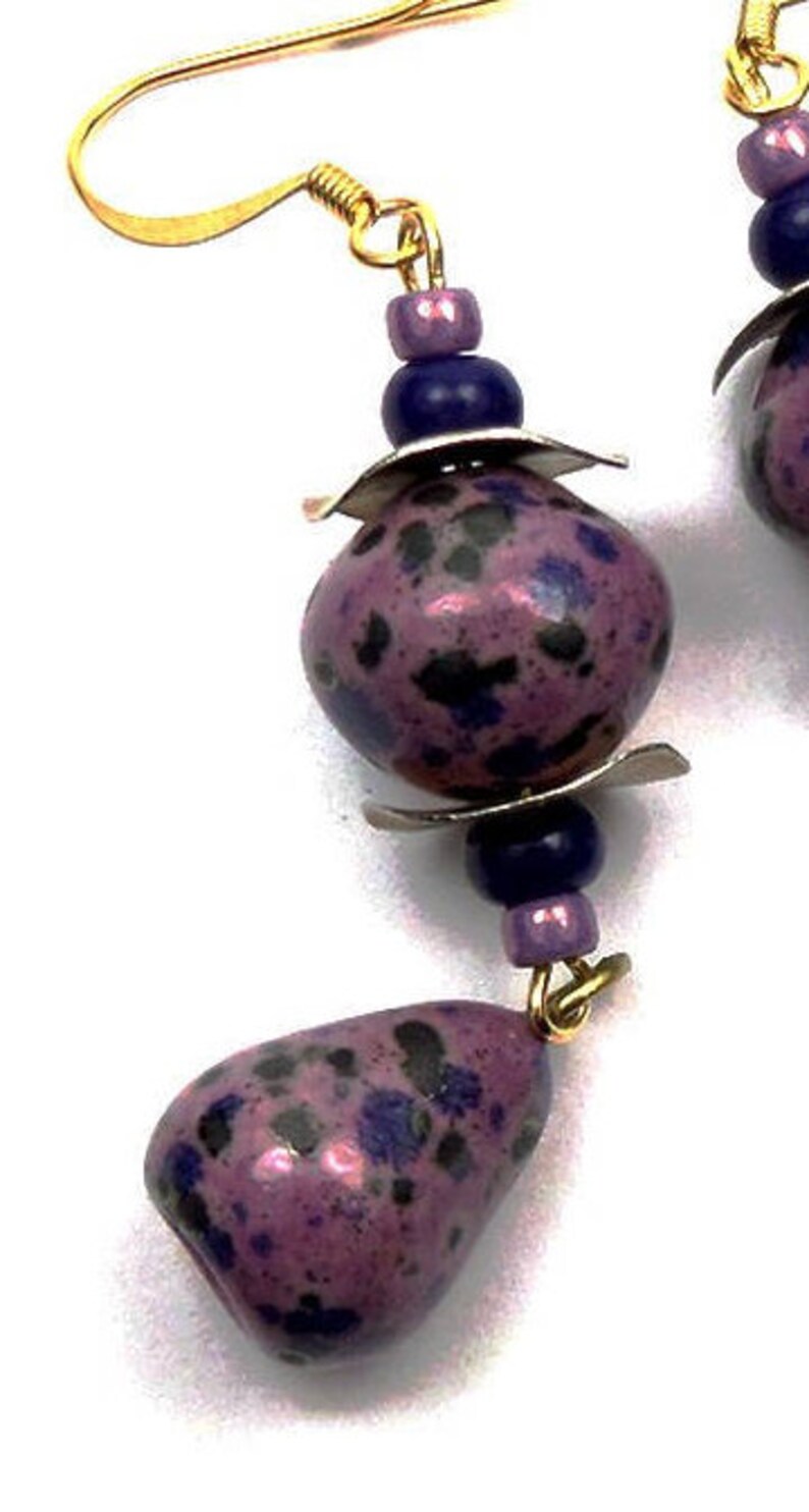 Boho ceramic purple blue glass brass earrings