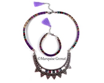 Parure bohème ethnique argentée multicolore collier bracelet à pompon
