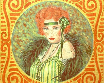 Peinture à l'acrylique portrait jeune femme rétro rousse années folles jaune orange vert