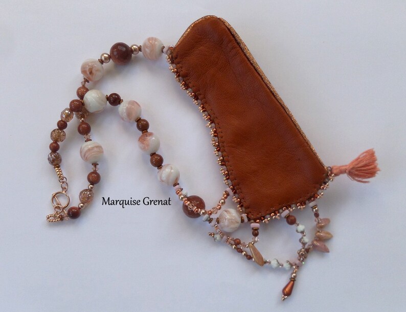 nude Cognac leather gem stone Asymmetrical necklace Embroidered silk shibori Ribbon