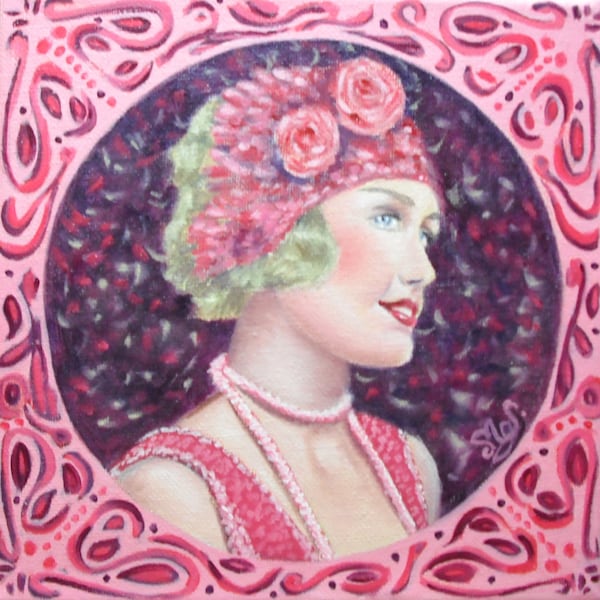 Peinture à l'huile portrait jeune femme rétro années folles rose violet