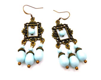 Boucles d'oreilles baroques, perles en cristal Swarovski bleu pastel, laiton bronze antique