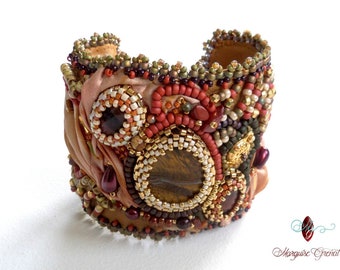 Multicolored designer embroidered cuff bracelet autumnal boho chic leather silk gems