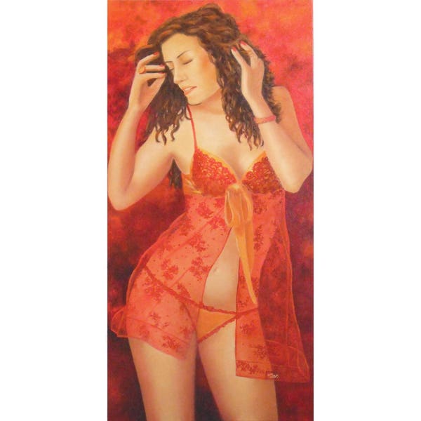 Portrait jeune femme en nuisette, peinture originale à l'huile, art figuratif moderne