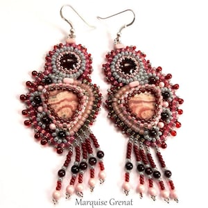 Designer earrings in rhodochrosite garnet silver gemstones embroidered with ethnic boho beads image 1