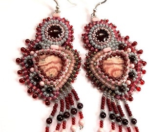 Designer earrings in rhodochrosite garnet silver gemstones embroidered with ethnic boho beads