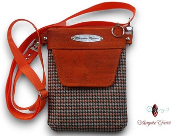 Phone pouch mini shoulder bag tweed coated multicolored houndstooth orange cork