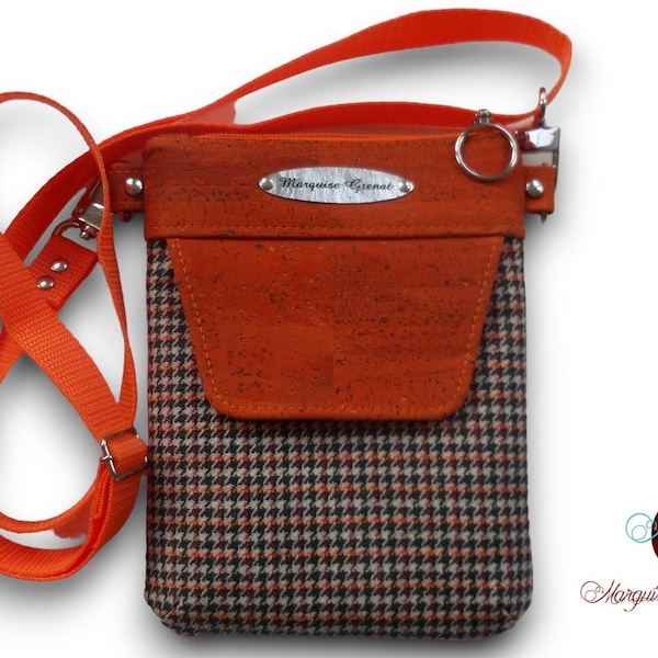 Pochette téléphone mini sac bandoulière tweed enduit pied de poule multicolore liège orange