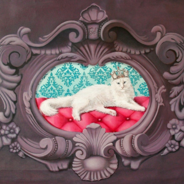 Portrait de chat angora blanc dans cadre baroque violet en trompe-l'oeil, peinture à l'huile Sa majesté