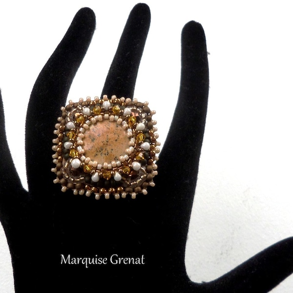 Bague bohème brodée en jaspe paysage gemme anneau ajustable laiton bronze