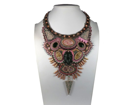 Necklace Breastplate Embroidered Ethnic Creator Tribal Inca Green and Pink  Gemstones Gold-plated Glass 
