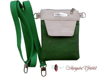 Zippered flap pouch with phone pockets with green and ecru cork shoulder strap