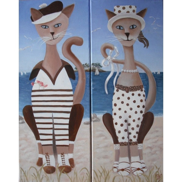 Les chats Terton, peinture à l'huile, portrait d'un couple en vacances, art naïf, diptyque
