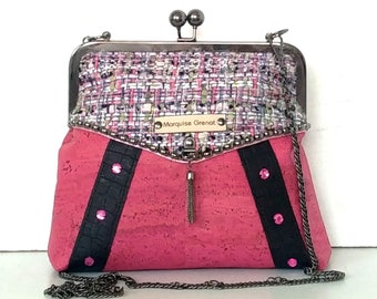 Petit sac vintage liège rose noir laine haute couture multicolore