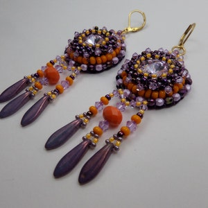 Designer embroidered bohemian sleeper earrings golden brass purple mauve orange image 3