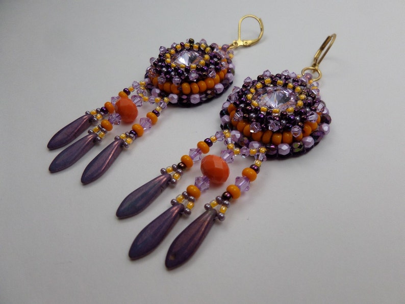 Designer embroidered bohemian sleeper earrings golden brass purple mauve orange image 3