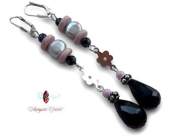 Silver gray black pink flower hanging earrings in cultured pearl, gem, crystal, Boho glass