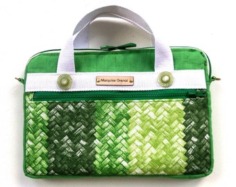 Zippered handheld tablet cover in shades of green linen and cotton with white handles