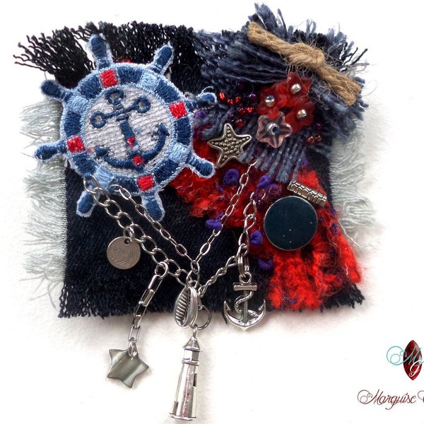 Broche bohème textile style marin bleu rouge blanc argent