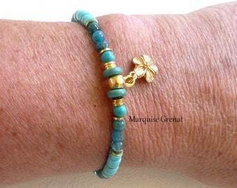 Bracelet ajustable perles en turquoise et apatite gemmes breloque fleur laiton or 24 carats