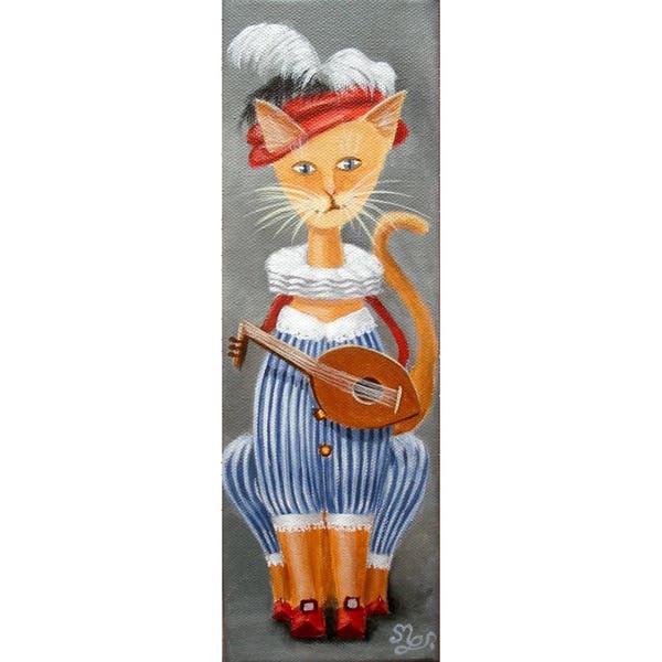 Portrait le chat luthier, peinture originale acrylique, tableau décoration murale