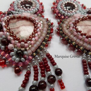 Designer earrings in rhodochrosite garnet silver gemstones embroidered with ethnic boho beads image 4