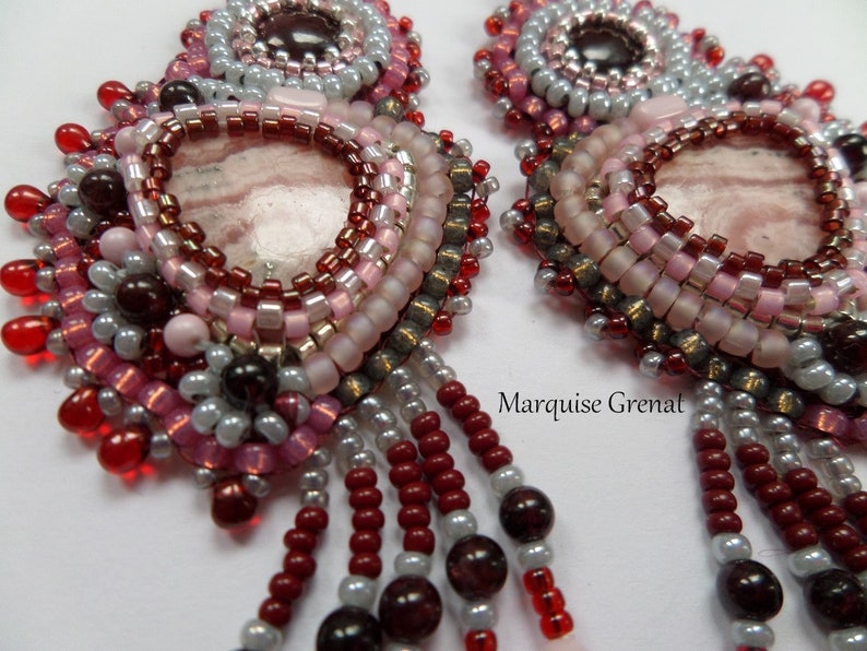 Designer earrings in rhodochrosite garnet silver gemstones embroidered with ethnic boho beads image 4