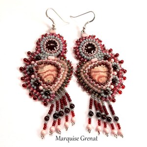 Designer earrings in rhodochrosite garnet silver gemstones embroidered with ethnic boho beads image 2