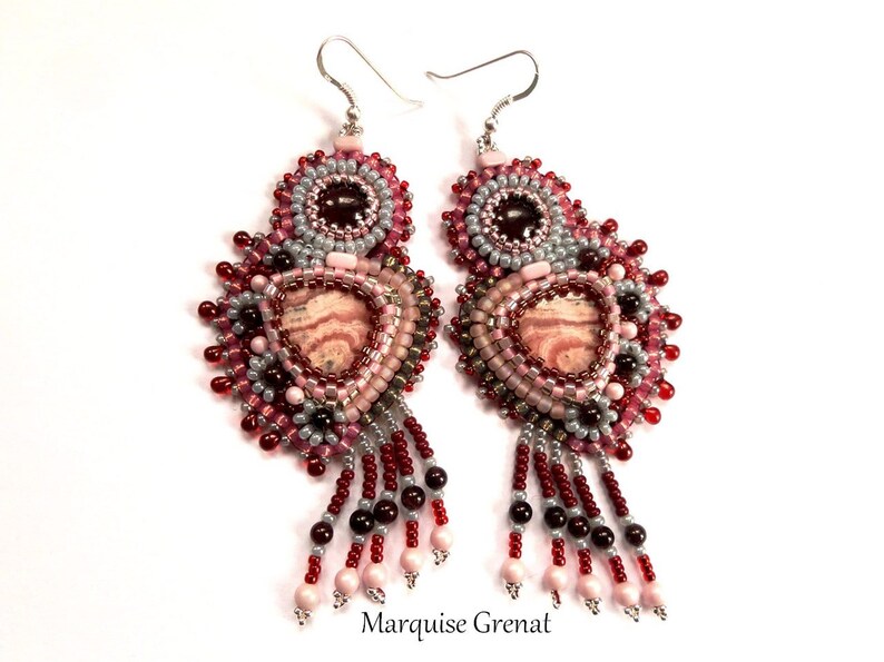 Designer earrings in rhodochrosite garnet silver gemstones embroidered with ethnic boho beads image 2