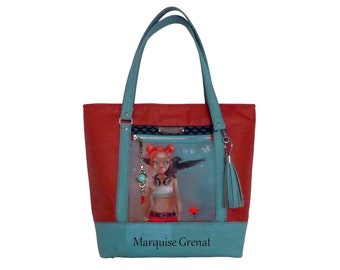 Designer shoulder tote bag in turquoise cork, orange-red coated linen with art drawing on coated cotton