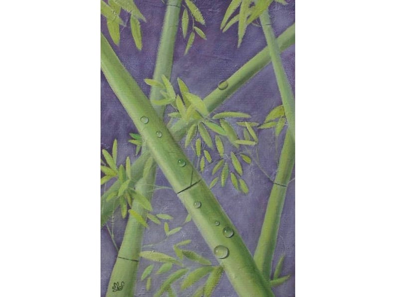 Tableau contemporain zen peinture acrylique Bambou vert anis fond violet métallisé image 1