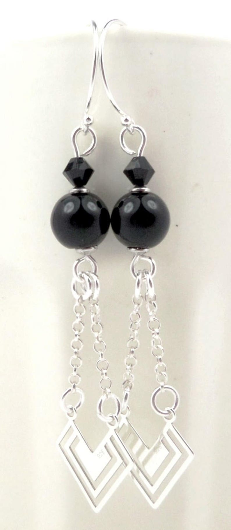 Boucles d'oreilles en argent perles en onyx noir et cristal Swarovski graphiques image 3