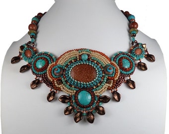 Designer embroidered necklace bib brown, turquoise, ethnic gemstones, glass, leather