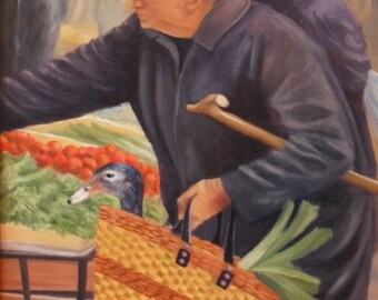 Portrait market scene, leeks, original painting Duck oil