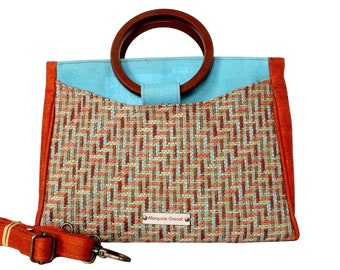 Zippered tote-shaped handbag and removable shoulder strap in luxury orange-turquoise cork and vintage-style jacquard