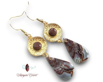 Bohemian earrings in fine gold-plated brass and agate drop gemstones
